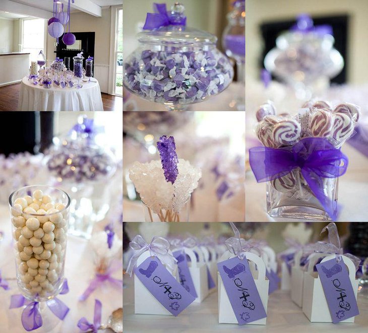 Astonishing purple wedding candy table decor