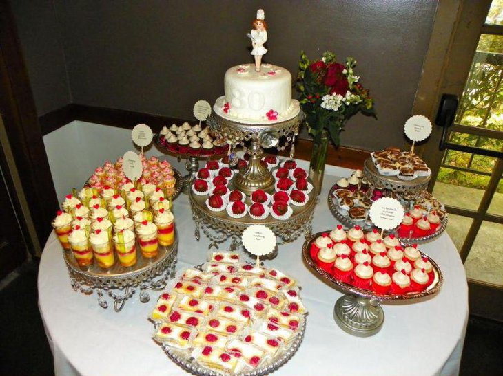 Attractive dessert table decor seen on the 80th birthday table of a mother