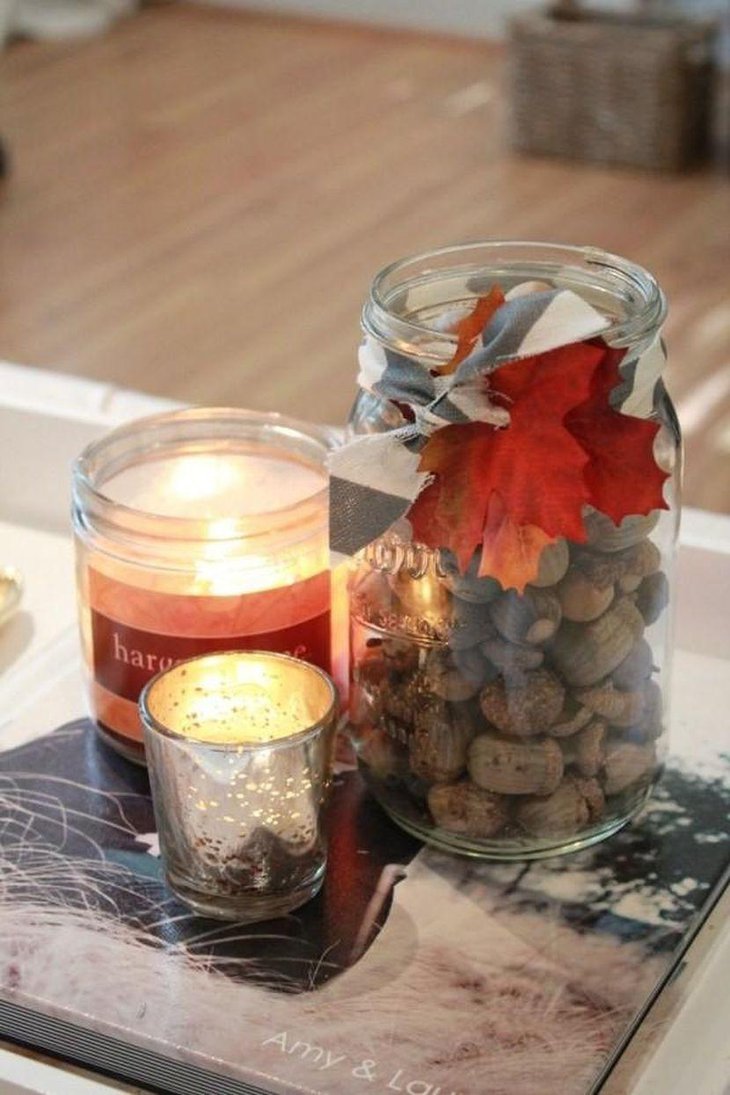 Autumn Table Centerpiece With Jam Jar Filled With Acorns