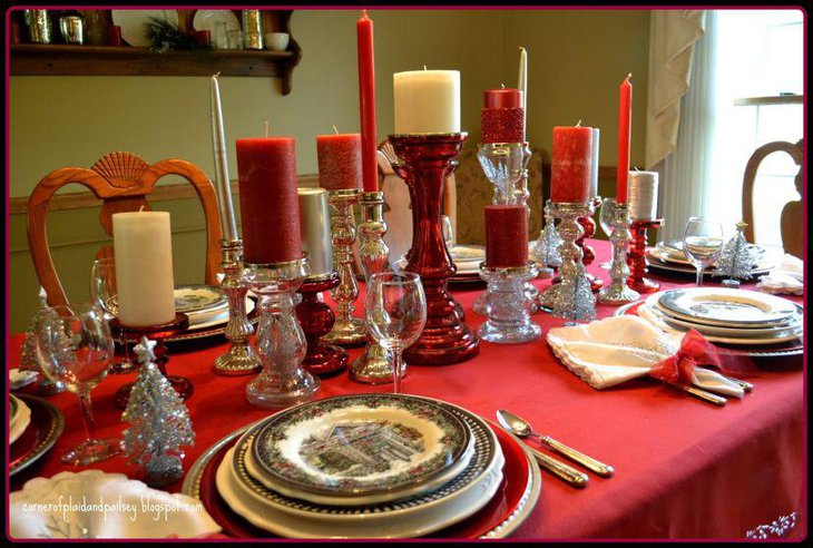 Awesome Christmas Table Setting With Red and Silver Candles