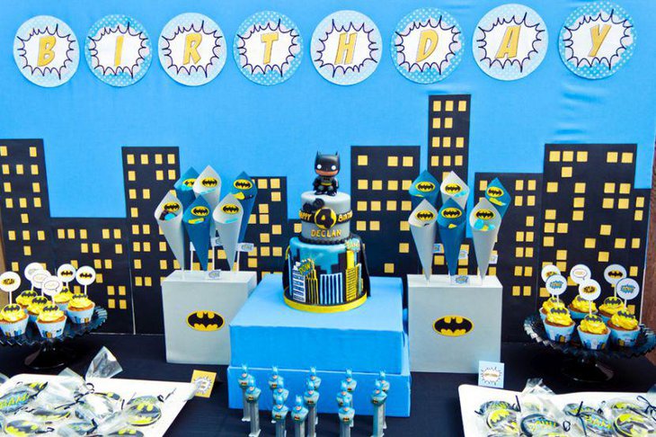 Batman inspired first birthday cake table for boys