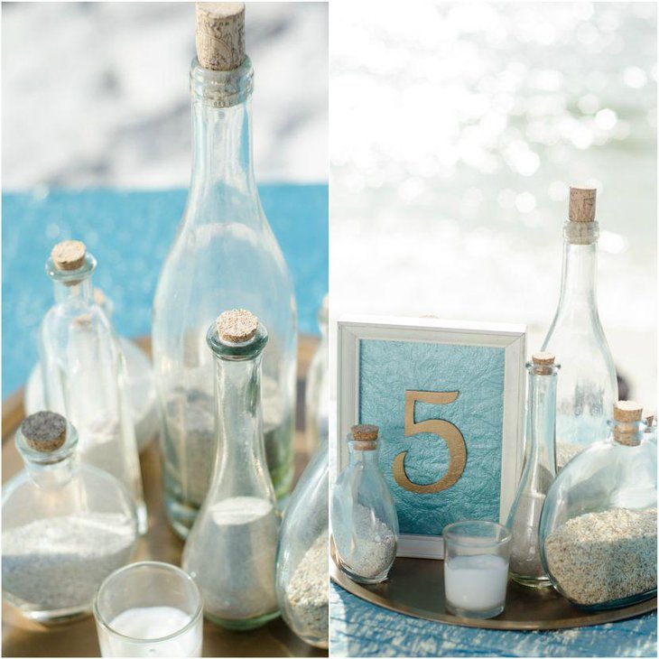 Beach theme sandy wedding table centerpieces