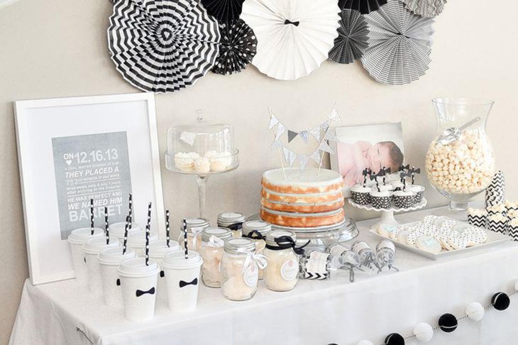 Beautiful black and white boys first birthday tablescape