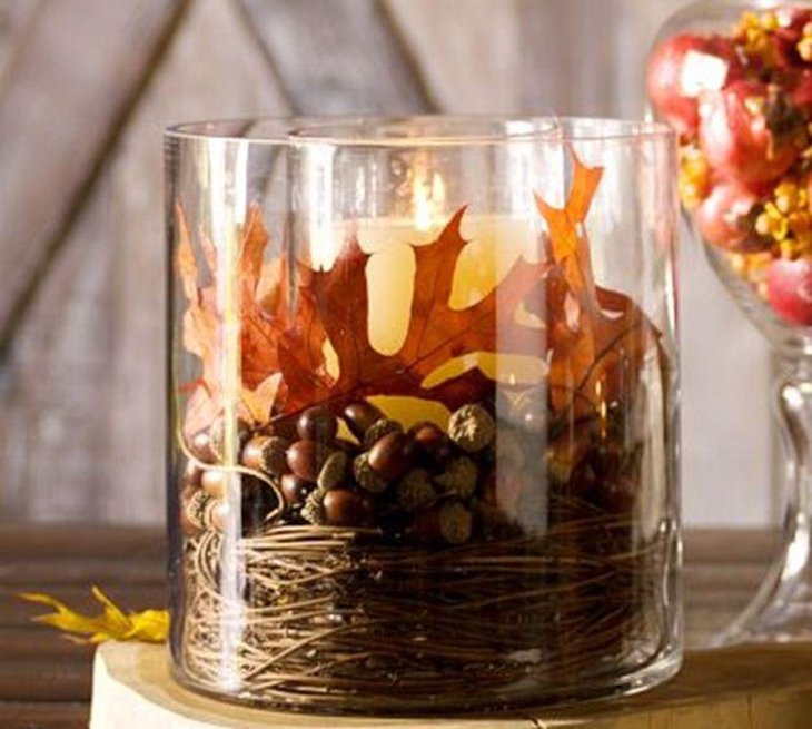 Beautiful Glass Jar Table Centerpiece With White Candle and Acorns