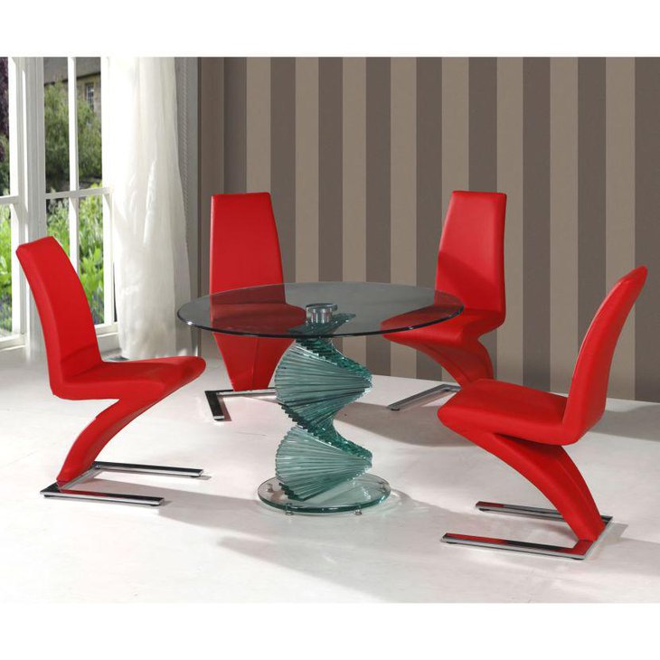 Beautiful twirl glass dining table set with red chairs
