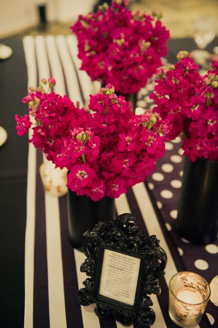 Black and White Striped Wedding Table Runner With Pink Floral Centerpiece