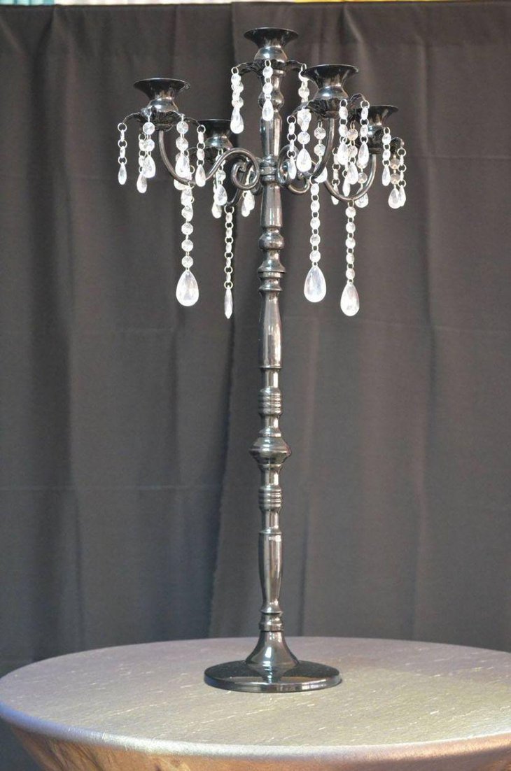 Black silver candelabra with hanging crystals centerpiece