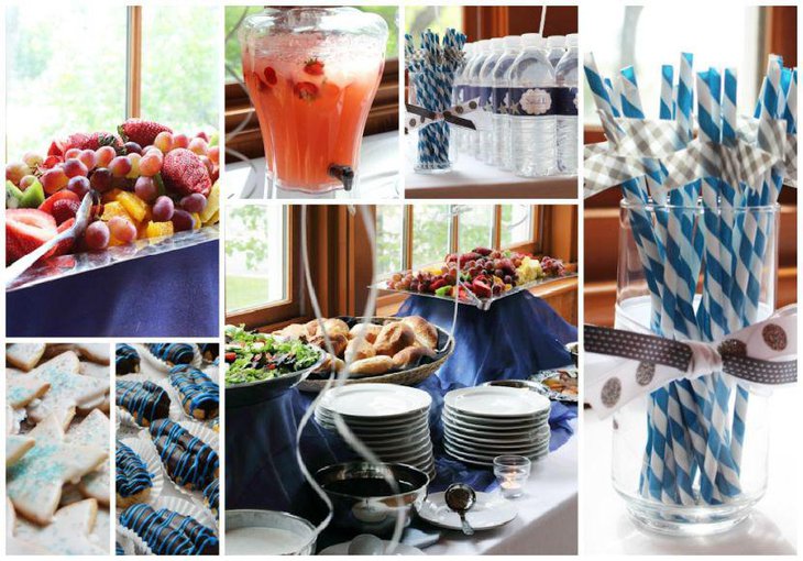 Blue accented sweet 16 birthday buffet table