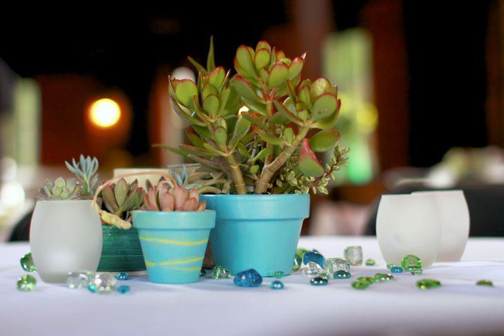 Blue pots and succulent centerpieces on summer wedding table