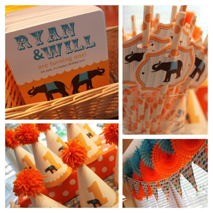 Bright and cheerful circus themed twin boys first birthday tablescape