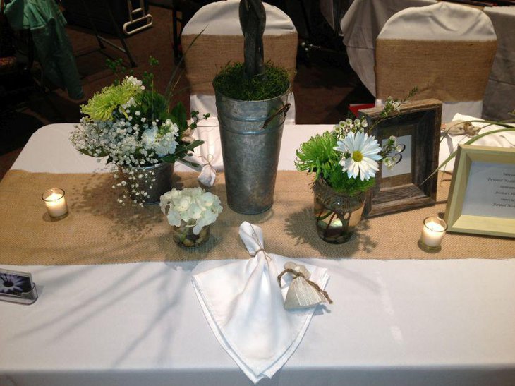 Burlap accents lend a country feel to this wedding table