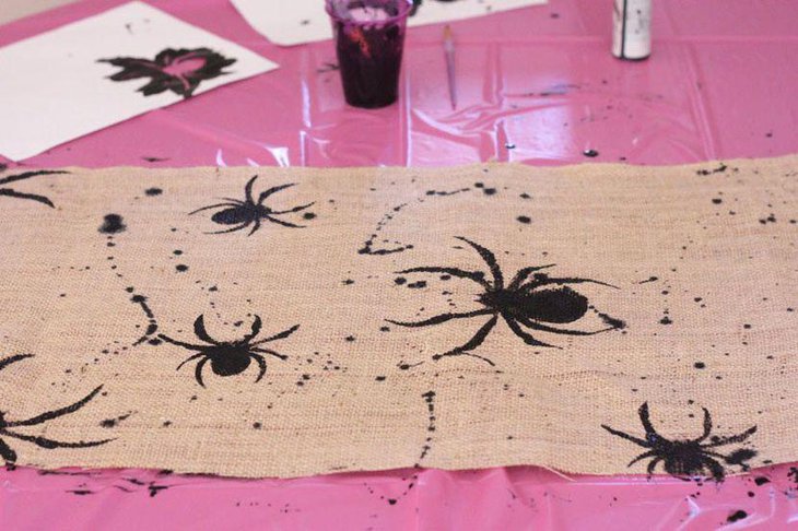 Burlap Halloween table runner with spider designs