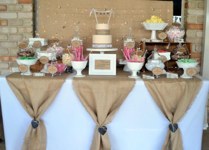 Burlap inspired rustic outdoor bridal shower table