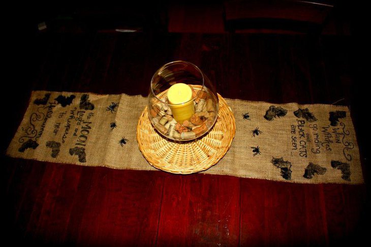 Burlap table runner with spiders and bats