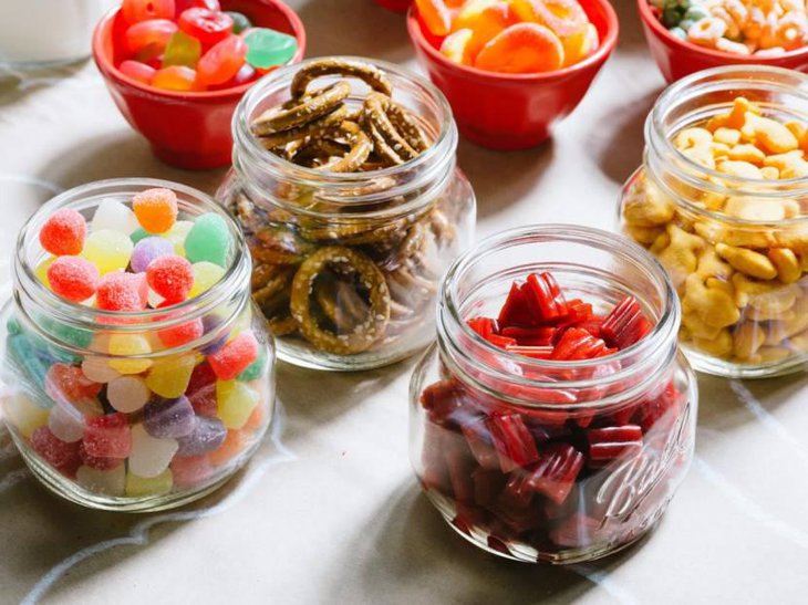 Candies and Pretzels In Mason Jars For Buffet Table