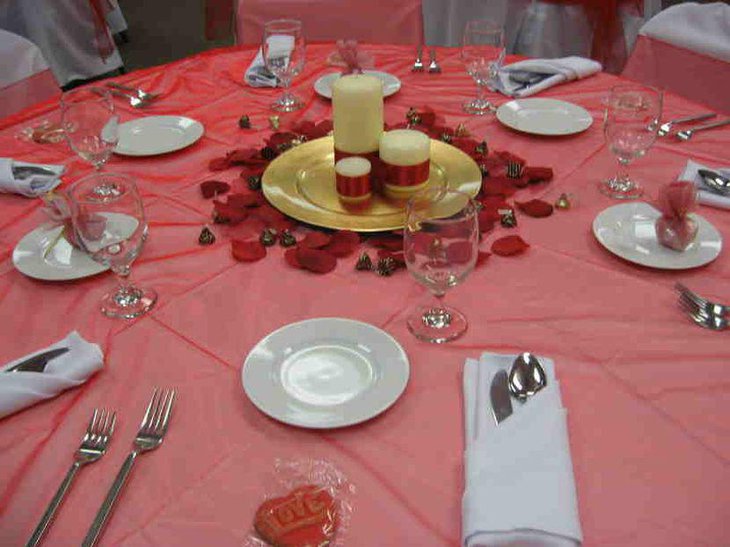 Candles on golden tray centerpiece on Valentines table 1