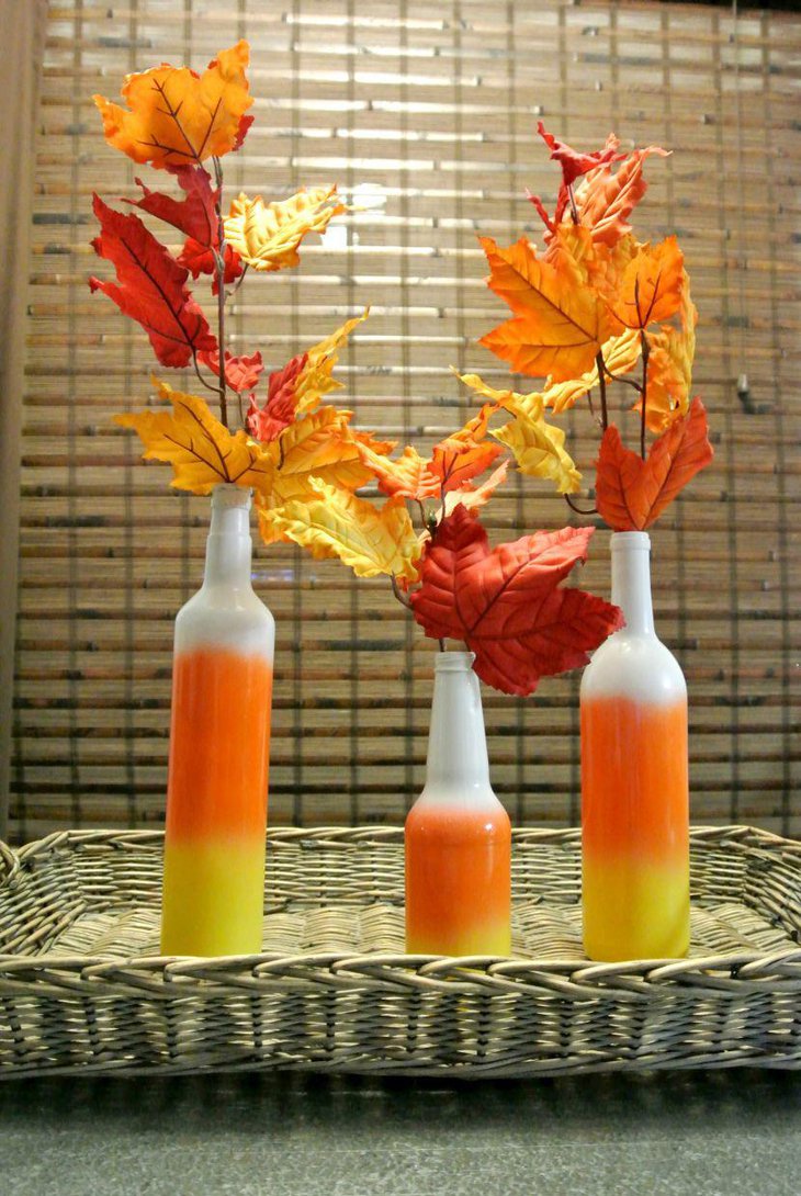 Candy Cane Wine Bottle Fall Centerpieces With Fall Leaf Decoration