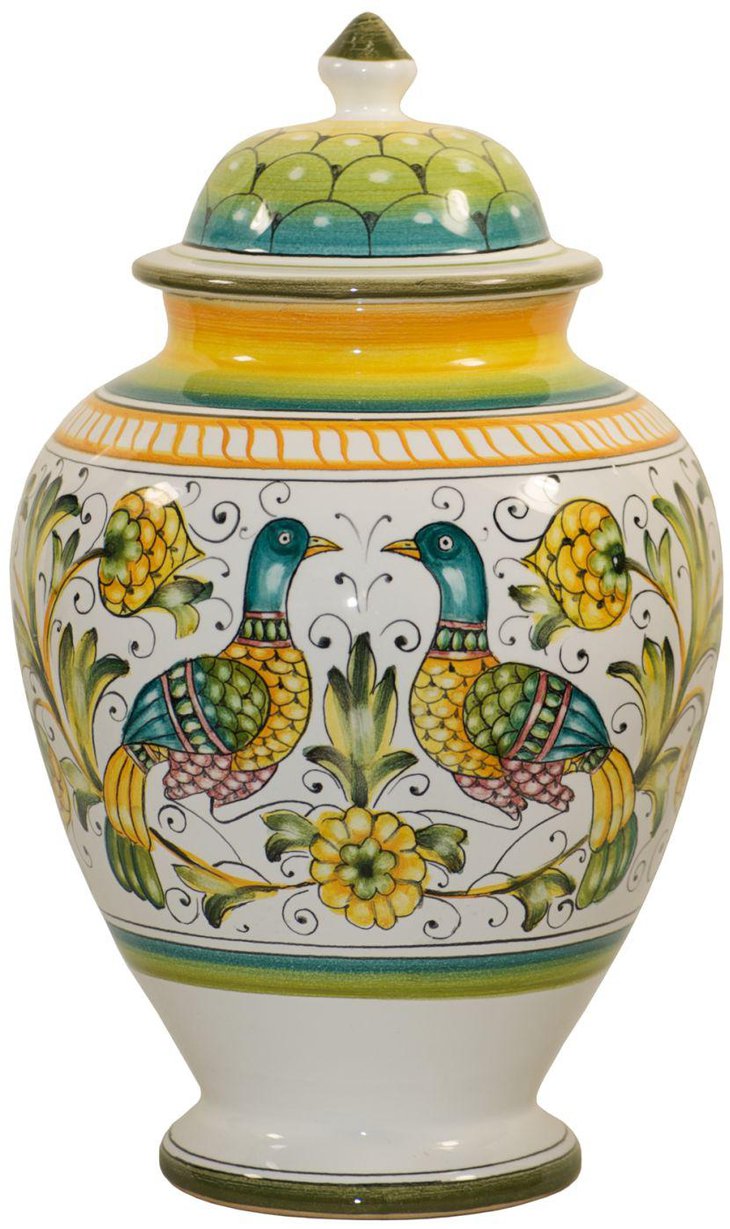Ceramic peacock urn centerpiece