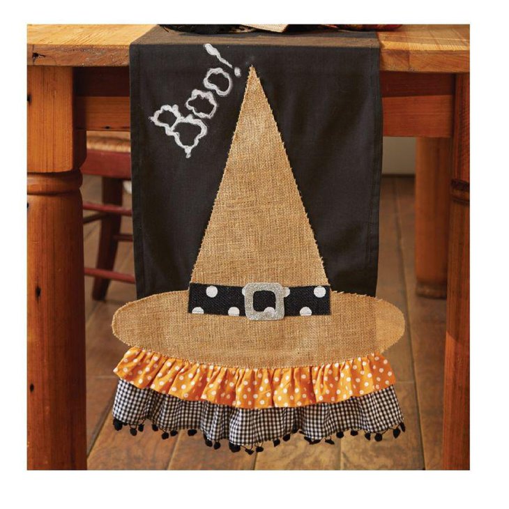 Chalkboard table runner with burlap witch hat