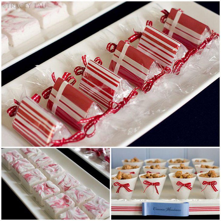 Cheerful red and white Christmas dessert table for kids