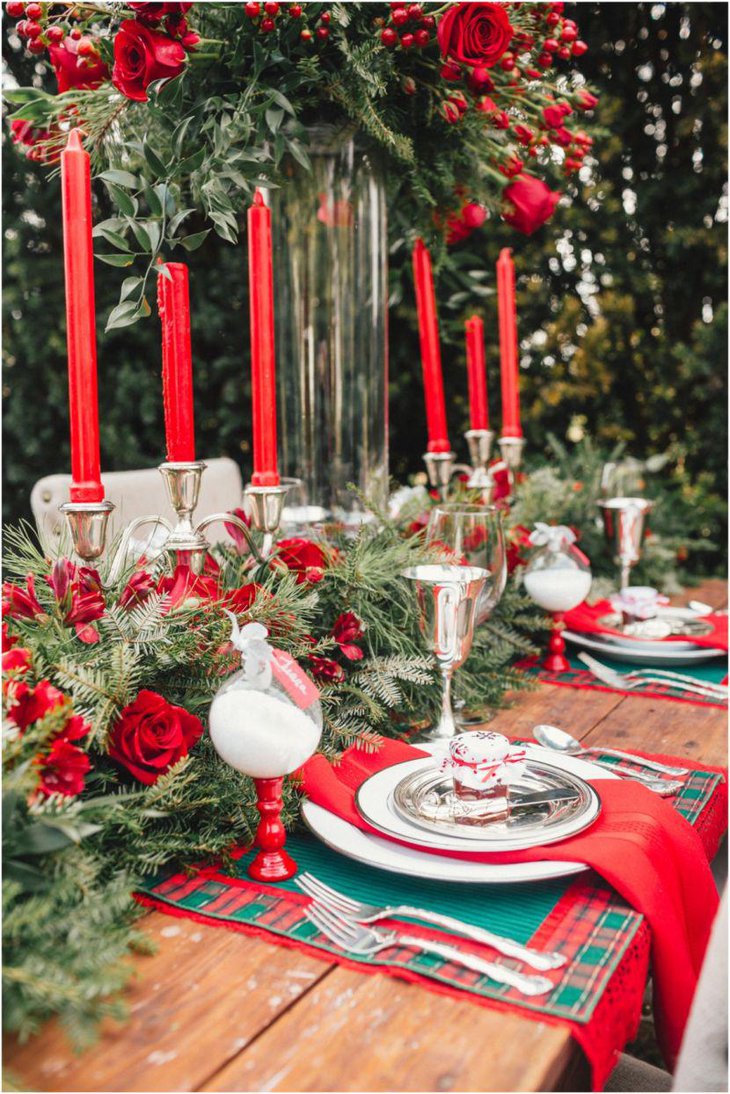 Christmas Table Decor With Red Candles On Silver Candle Holders
