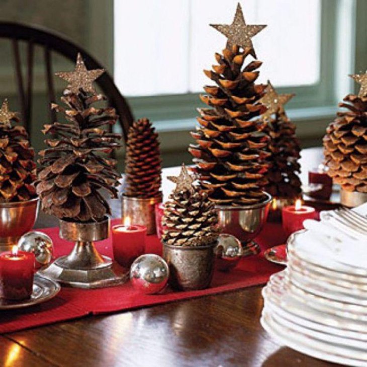 Christmas Table Decoration With Red Table Runner and Silver Balls and Pinecone Holders