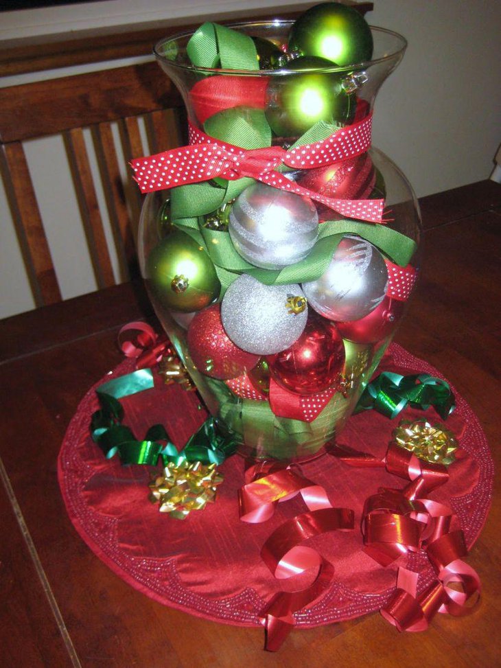 Christmas Table Setting With A Jar Filled With Red and Silver Balls and Placed on Red Circle Table Cloth