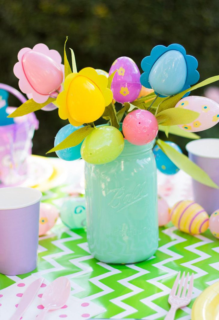 Colorful Eggs in Mason Jar Easter Table Centerpiece 1