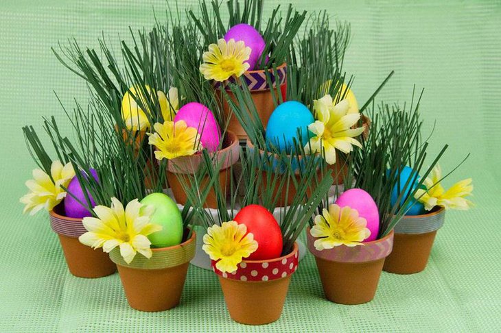 Colorful Eggs in Pots Easter Table Centerpiece 1