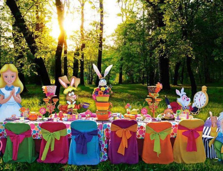 Colourful Alice in Wonderland spring birthday table