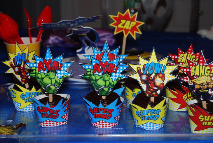 Colourful Avengers themed cupcake party favors for kids birthday