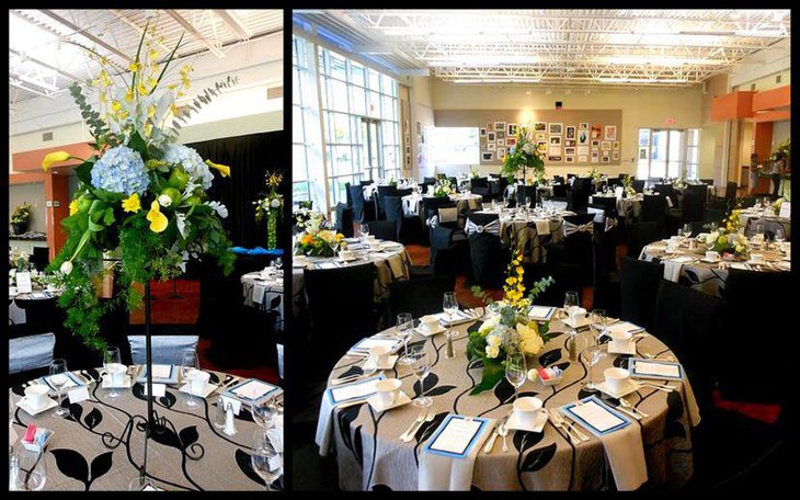 Colourful floral decoration on retirement party table