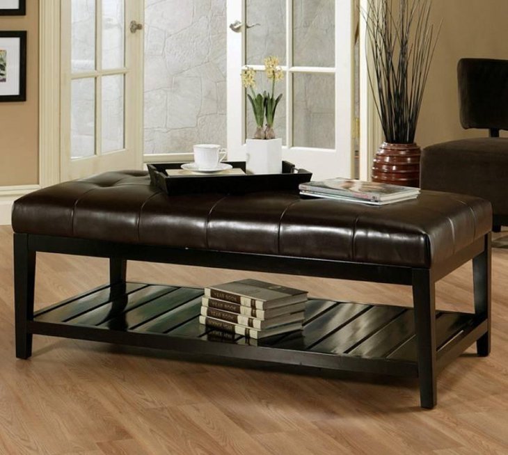 Cool Leather Ottoman Coffee Table With Bookshelf