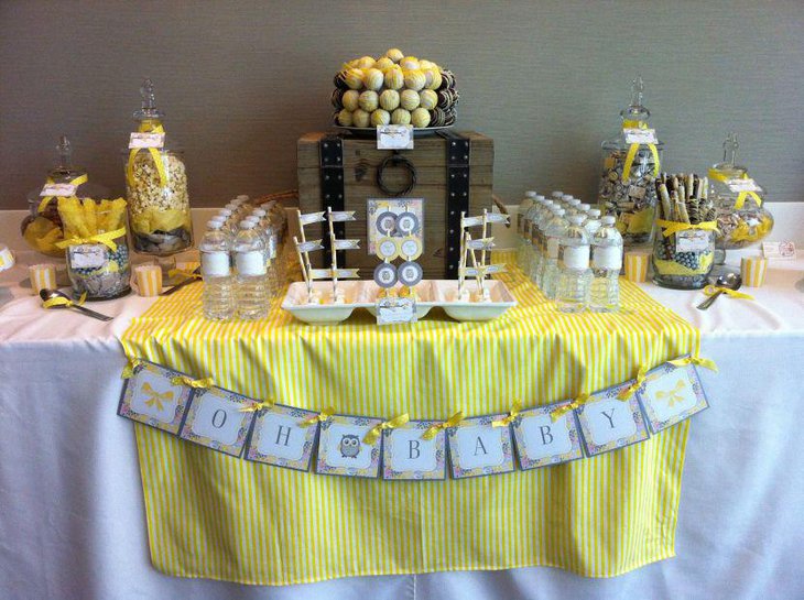 Cool yellow owl themed boy baby shower idea