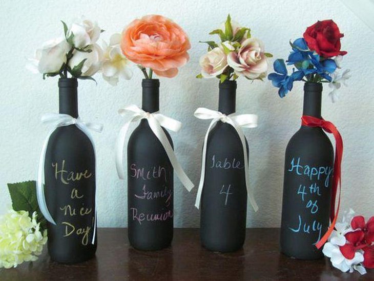 Creative Chalkboard Wine Bottles With Flowers Centerpieces