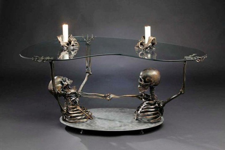 Creepy skeleton glass top coffee table