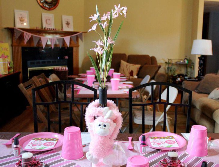 Cute Baby Shower Wine Bottle Wrapped With Pink Monkey Toy Centerpiece