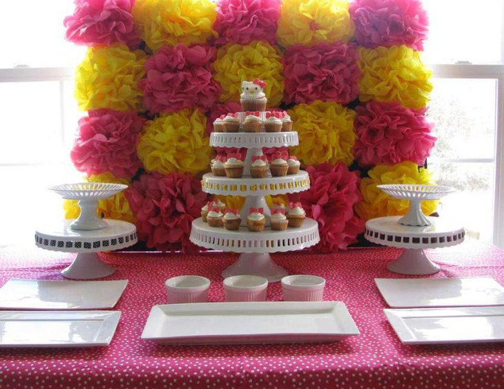 Cute DIY party dessert table decor with artificial ruffled flowers