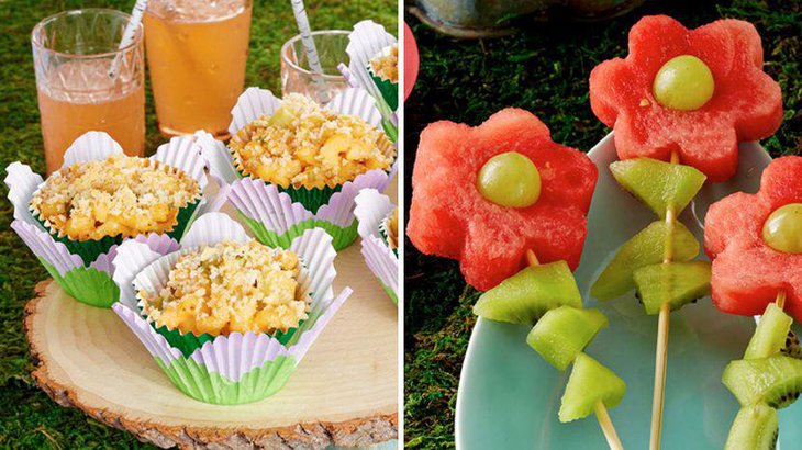 Cute garden party table decor with fruit flowers and cheesy cups