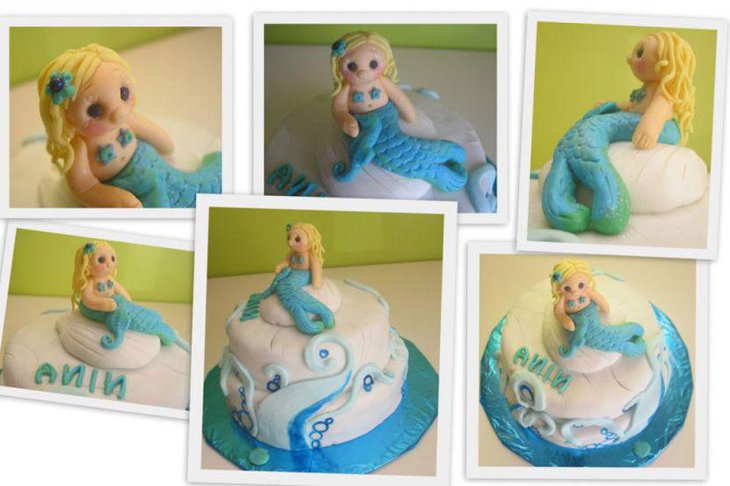 Cute Little Mermaid themed baby shower cake in blue and white accents