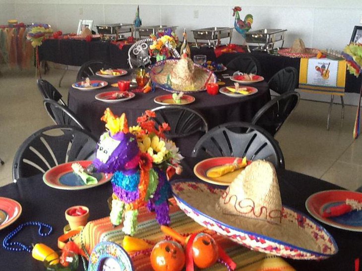 Cute Mexican fiesta table decor using pinata and sombrero