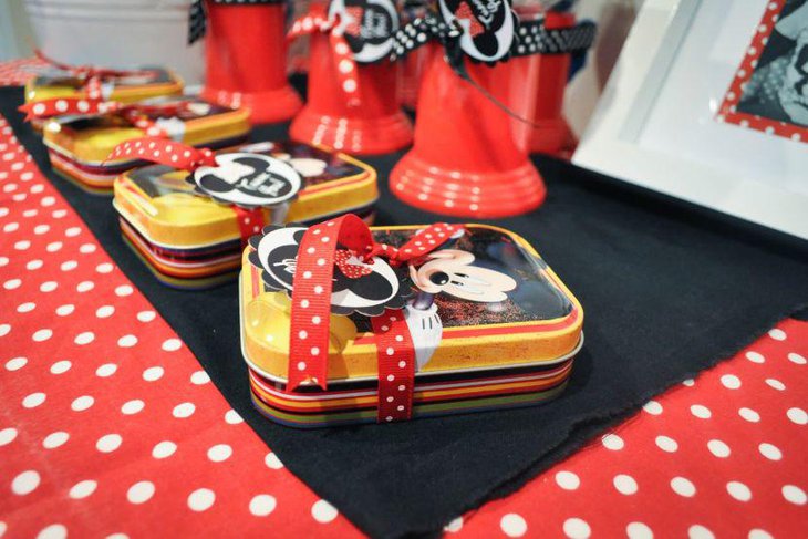 Cute Mickey Mouse birthday party favor boxes with polka dotted ribbons