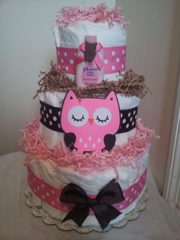 Cute pink three tier diaper cake owl centerpiece
