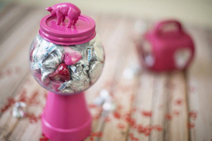 Cute pink Valentines table decor with candy jar