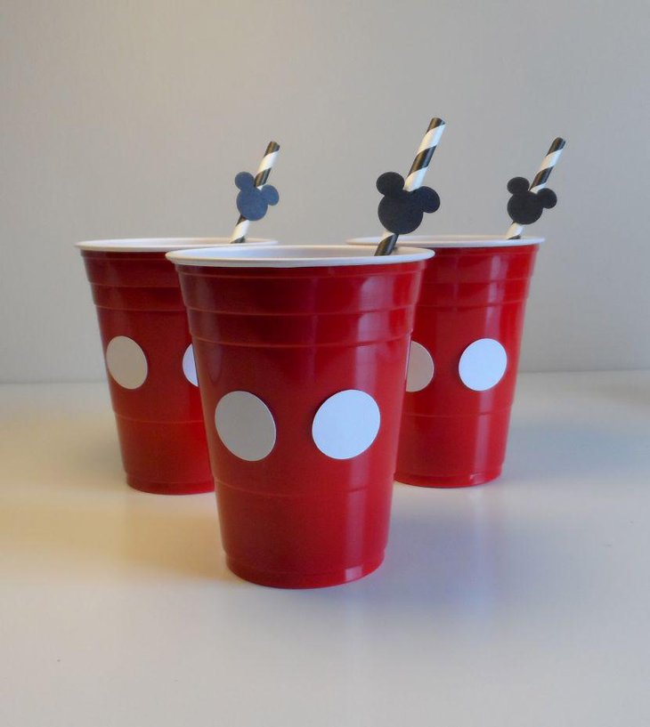 Cute red DIY Mickey Mouse cups for birthday table