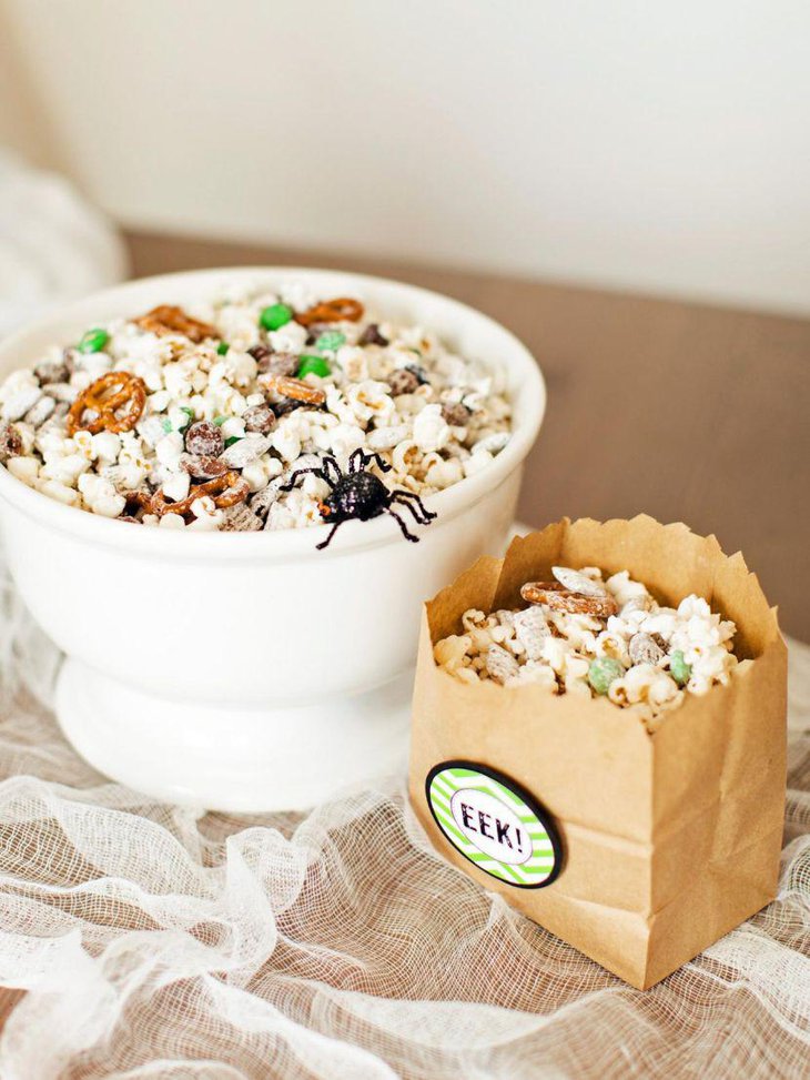 Cute snack mix decoration on kids Halloween table