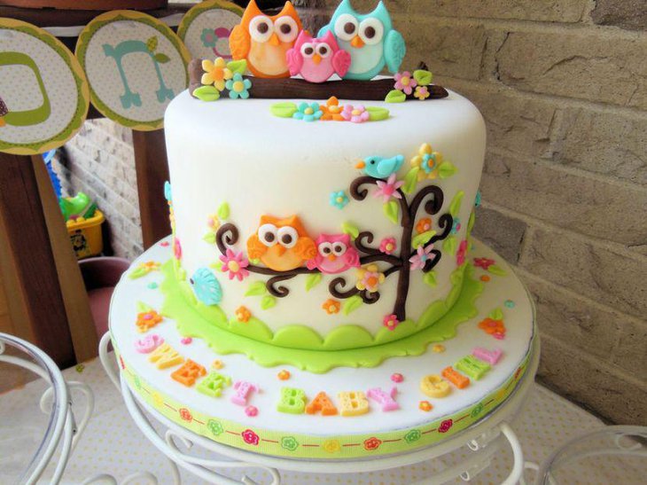 Decorative owl baby shower cake