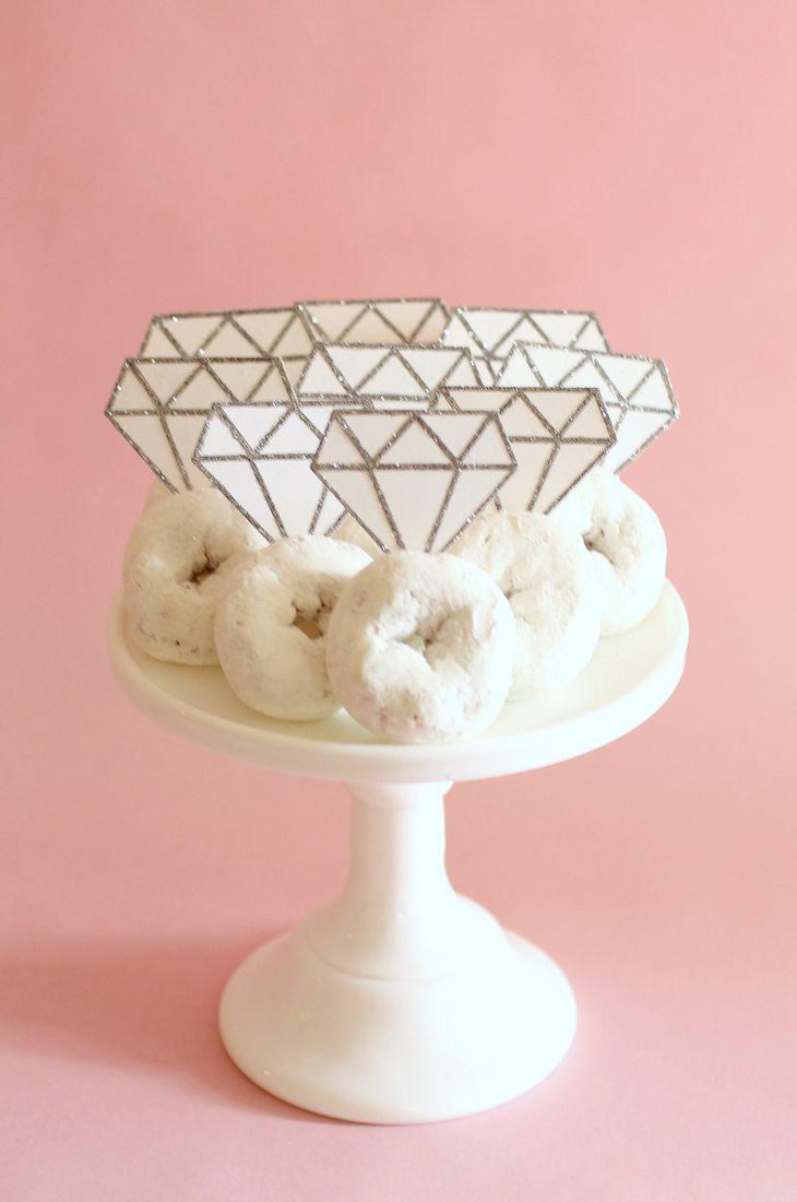 DIY donut diamond ring decorations on bridal shower dessert table