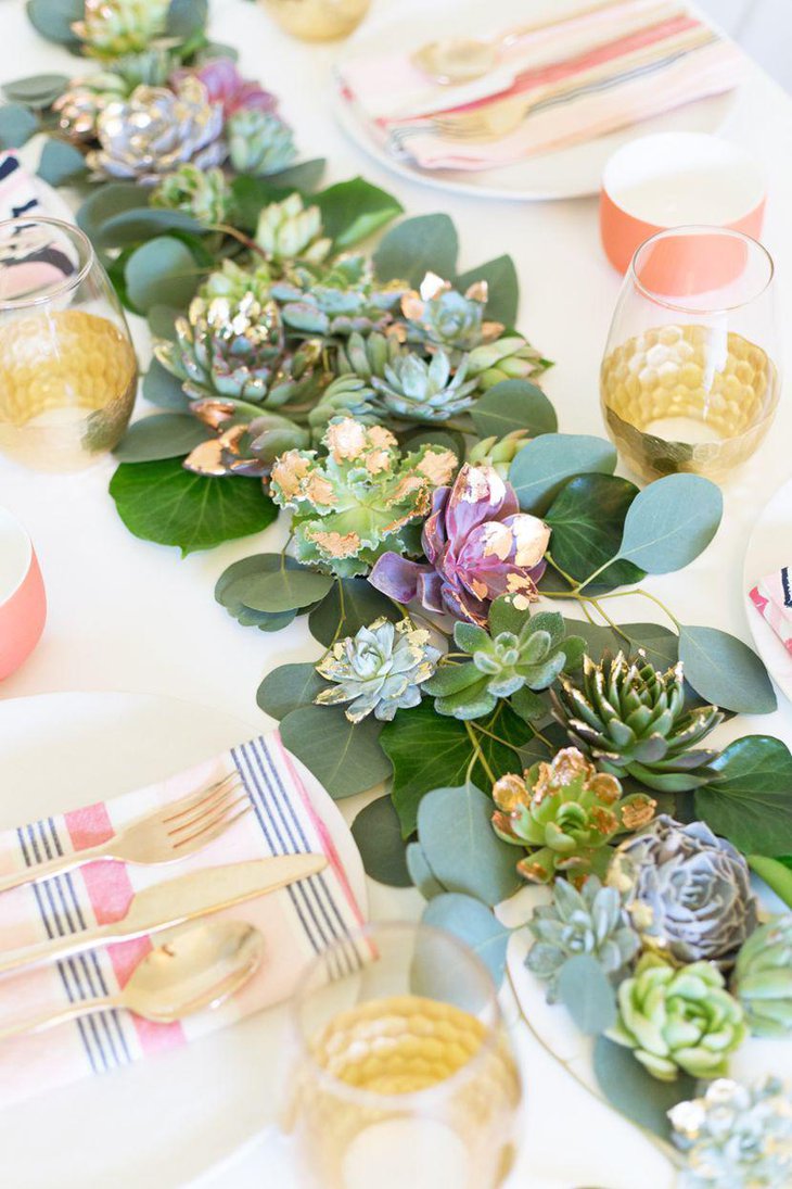 DIY Gold and Copper Leaf Succulent Wedding Table Runner