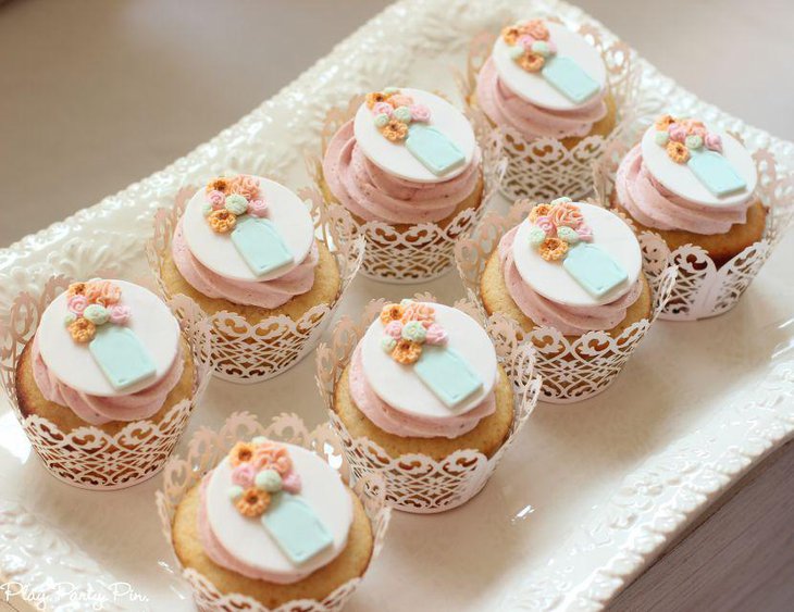 DIY lace wrapped cupcakes on bridal shower dessert table